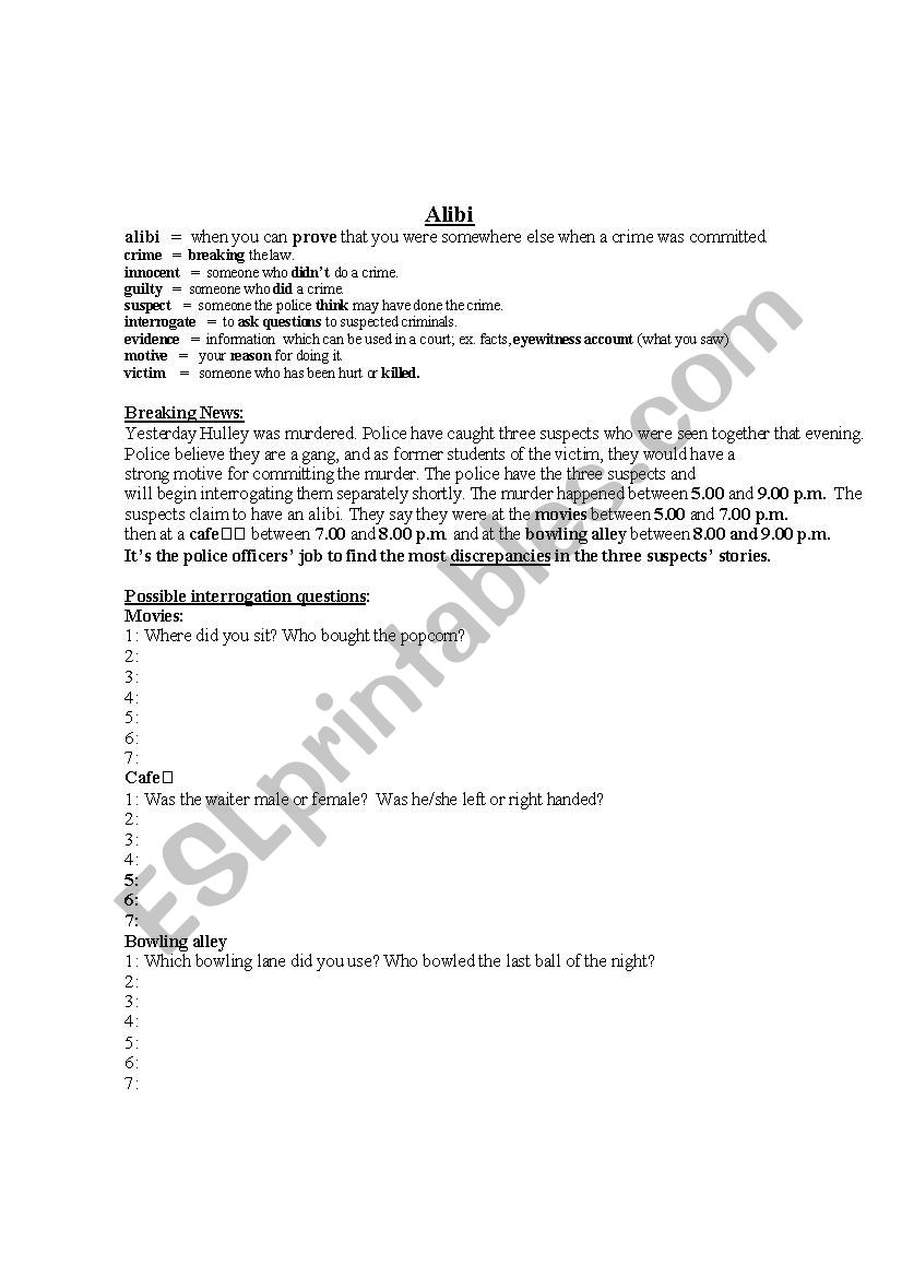 Alibi worksheet