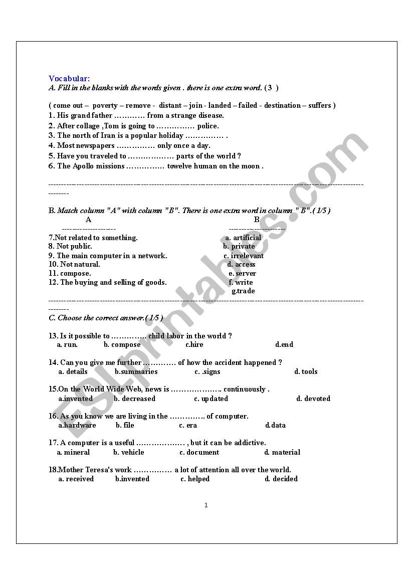 english exam worksheet