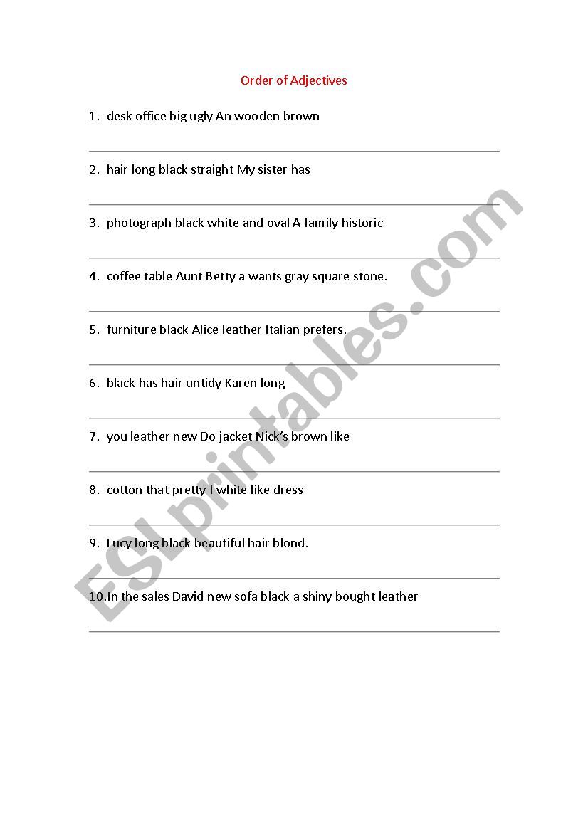 Order of Adjectives worksheet