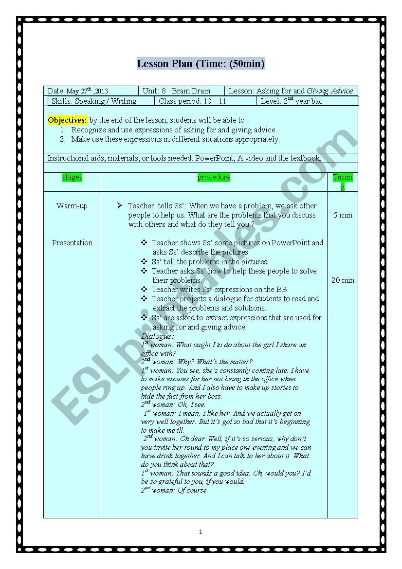 ASKING FOR AND GIVING ADVICE worksheet