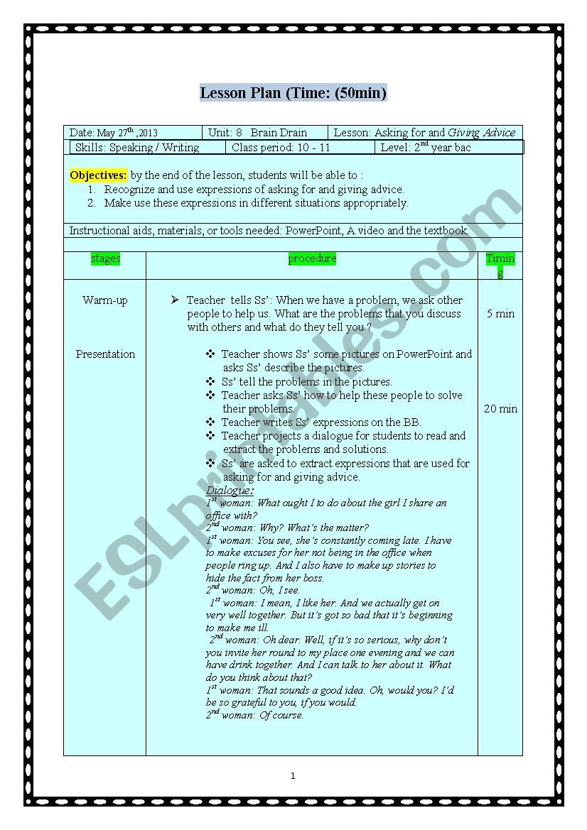 ASKING FOR AND GIVING ADVICE worksheet