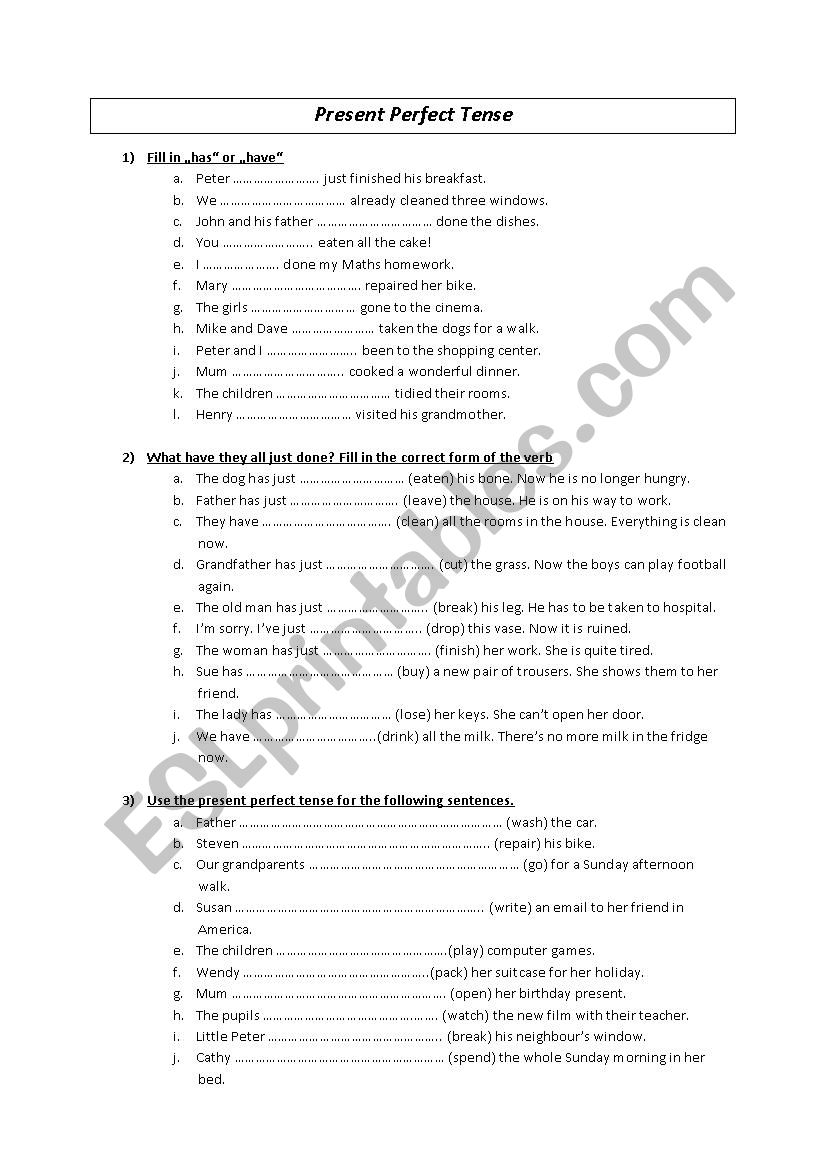 exercises on present perfect tense