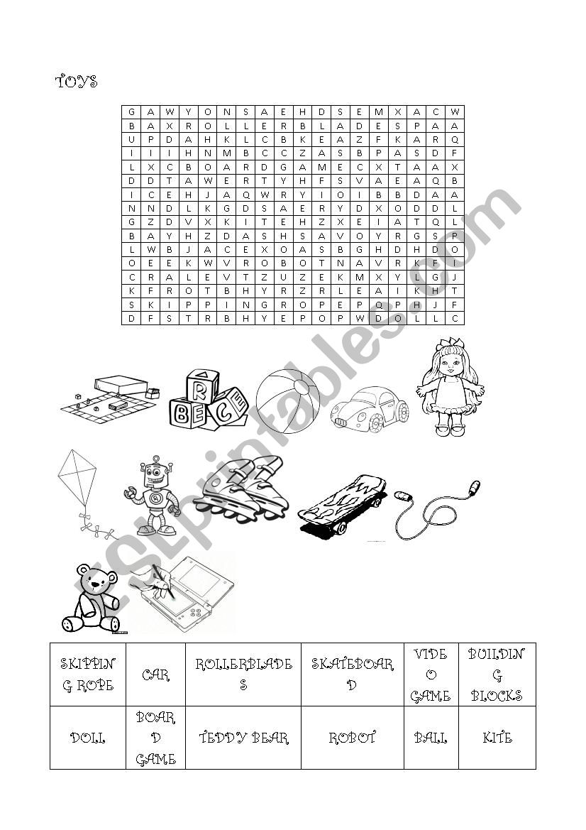 Toys word search worksheet