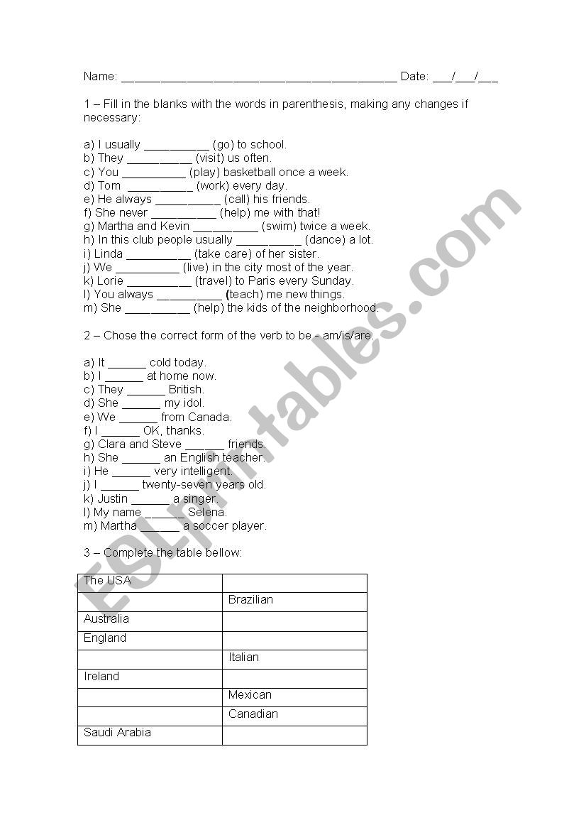 Basic Test - To be, Simple Present, Nationality, Possessive, Family Tree