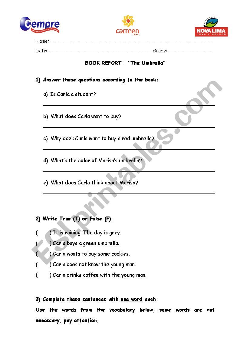 Test reader Umbrella worksheet