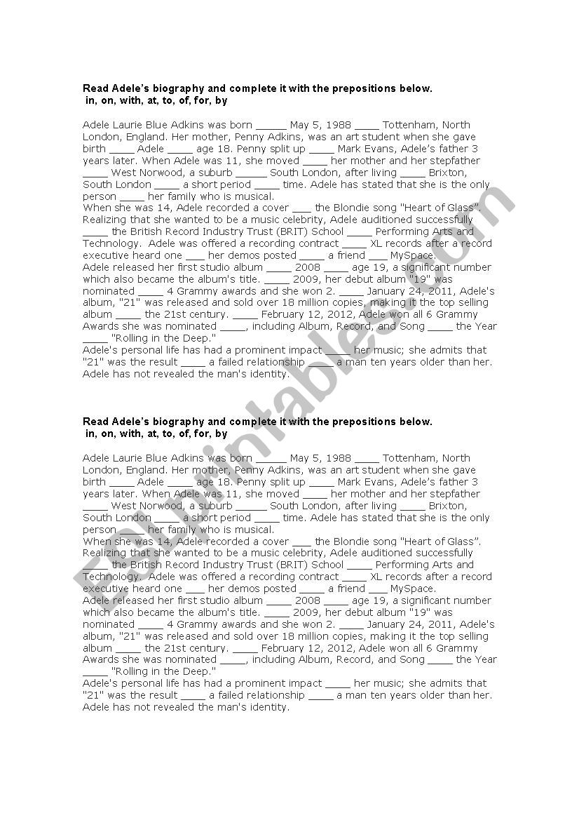 AdeleÂ´s Biography worksheet