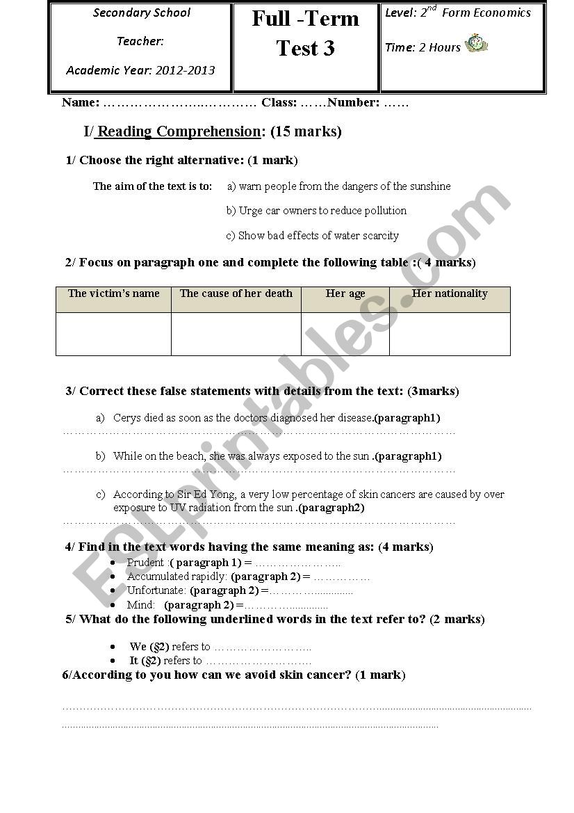 Full-Term test3 2 nd Form Economics