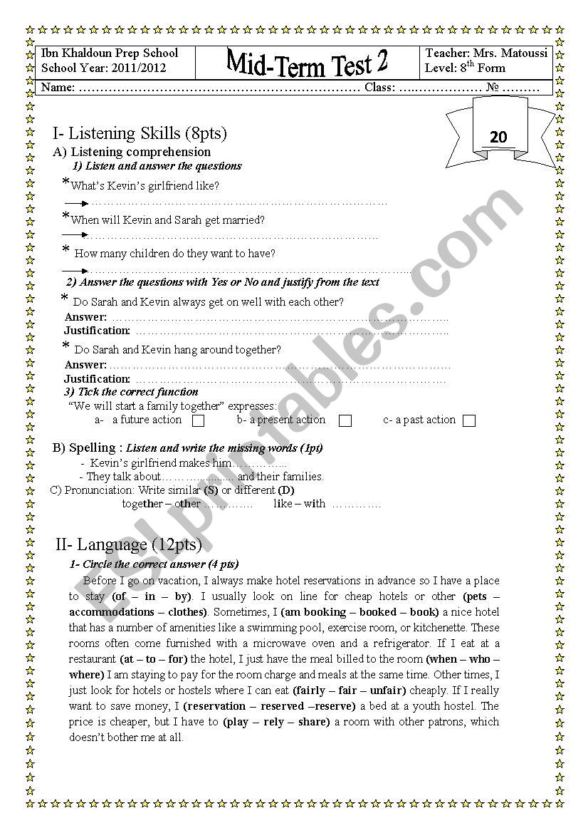 MID TERM TEST 3 8TH FORM worksheet