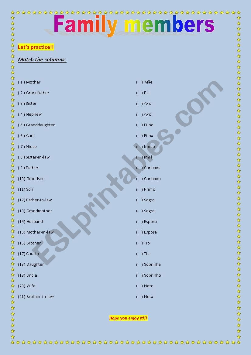 Family Members worksheet
