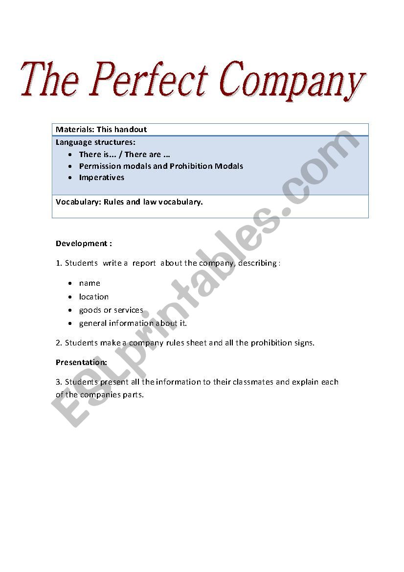 The perfect company  worksheet
