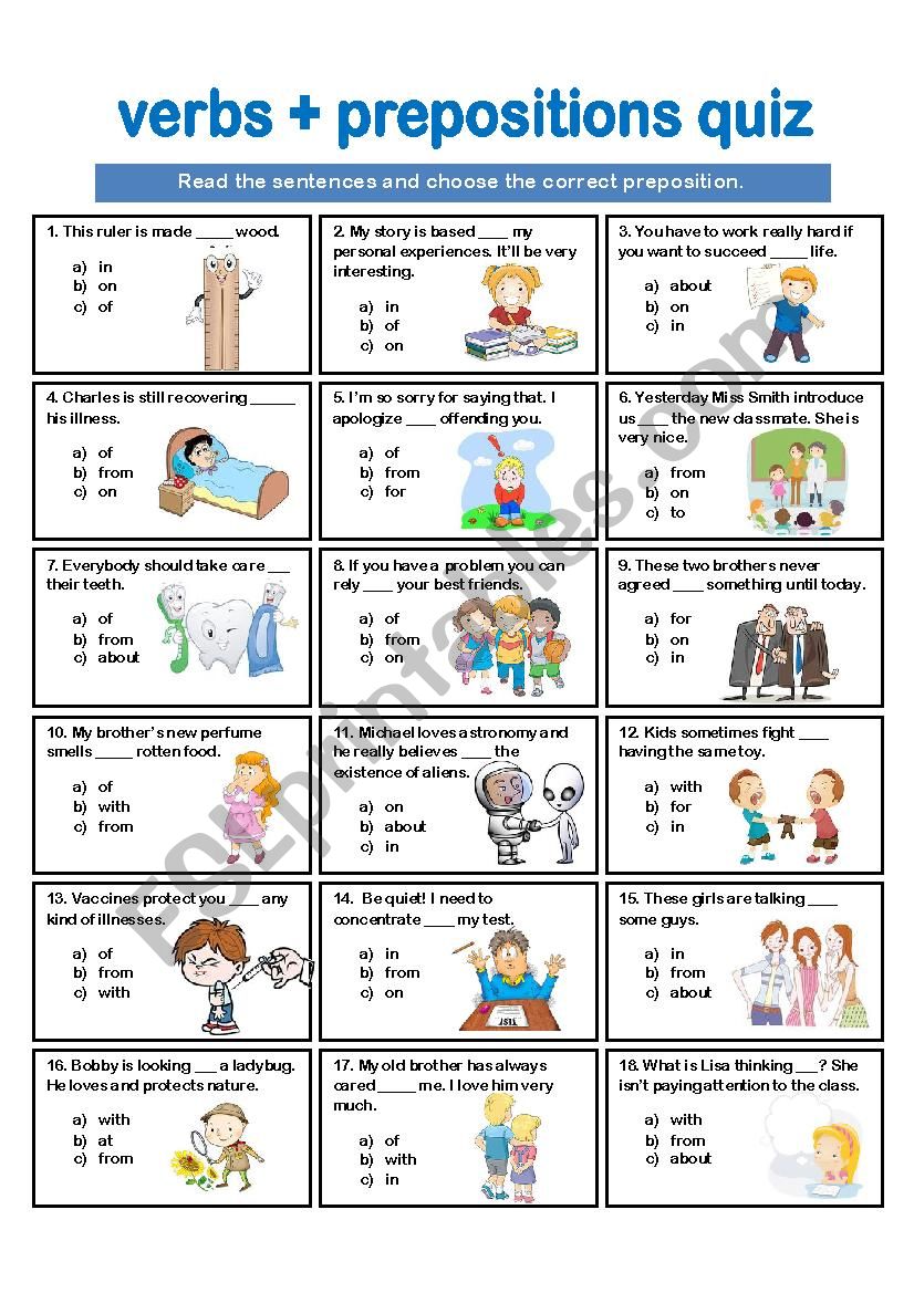 VERBS + PREPOSITIONS QUIZ worksheet