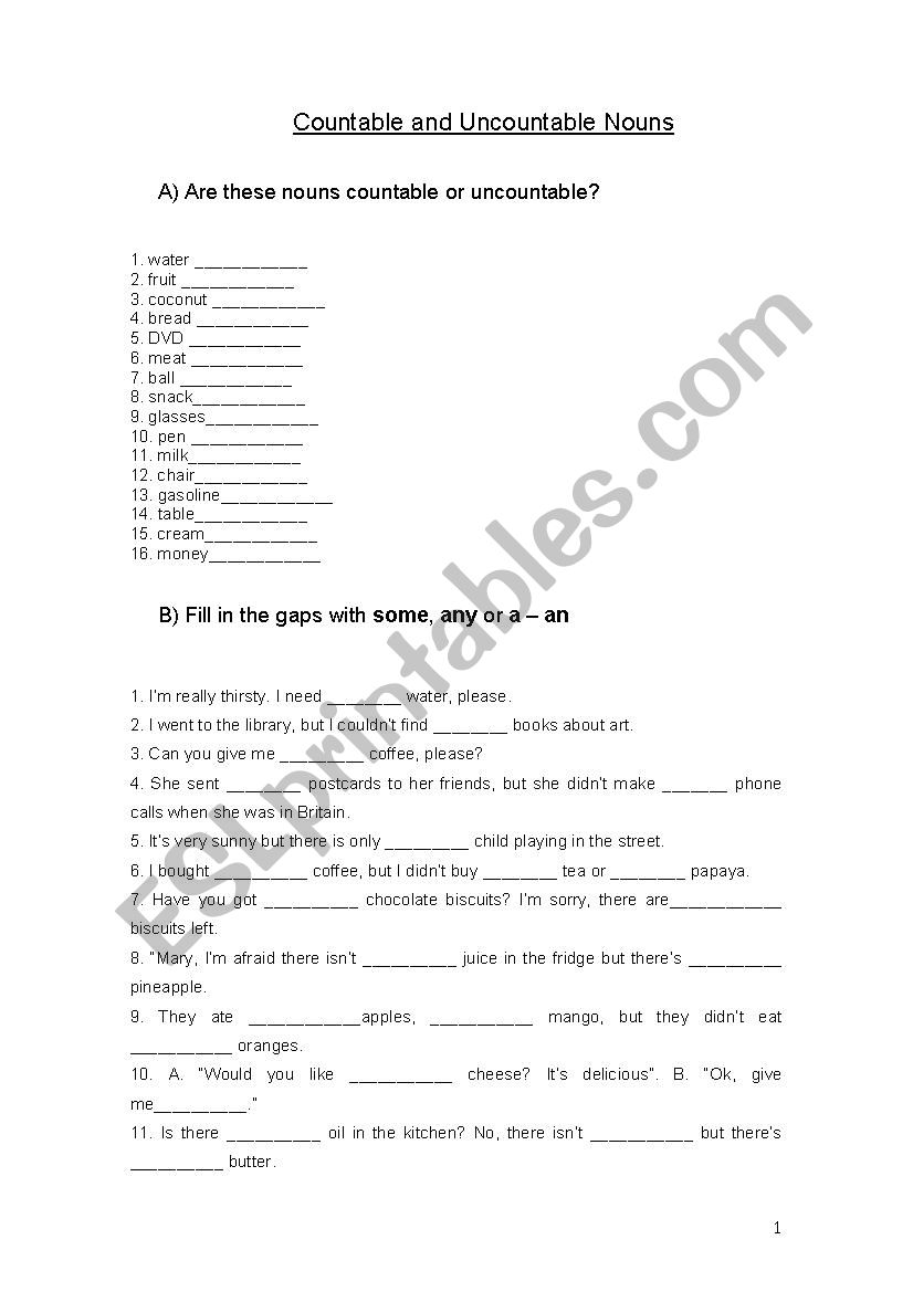Countable and Uncountable nouns Worksheet