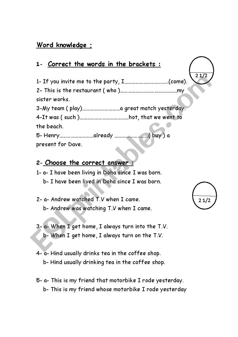 English exercises - ESL worksheet by hanaa mohammed