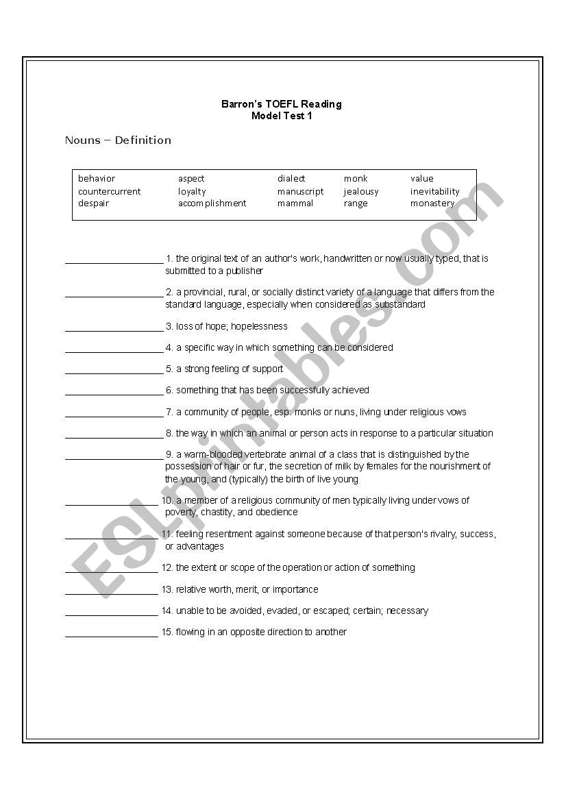 BARRONÂ´S TOEFL Reading Vocabulary Model Test 1