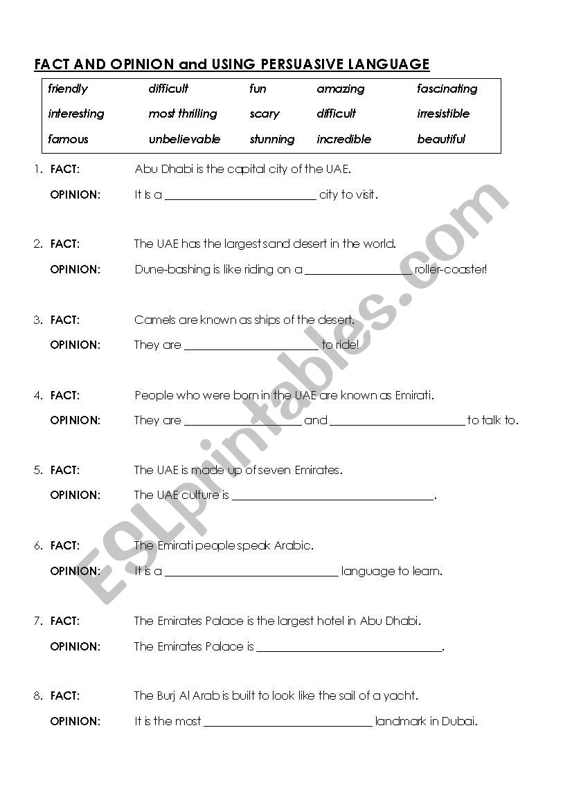 Facts and opinion worksheet