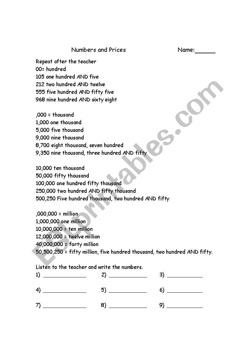 prices and numbers worksheet