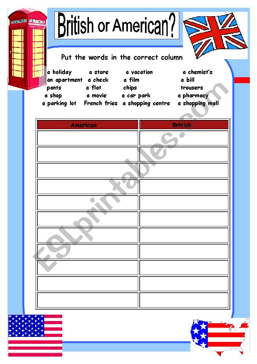 British versus American words worksheet