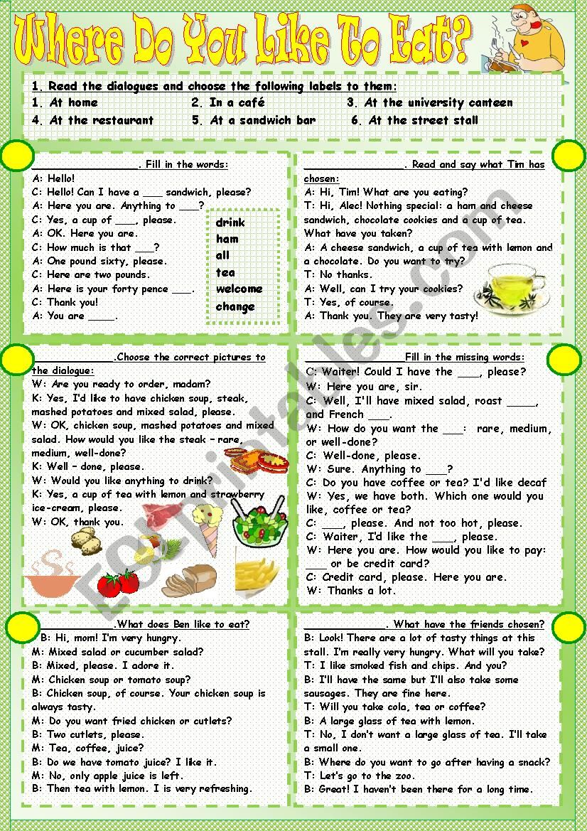 Where do you like to eat? worksheet