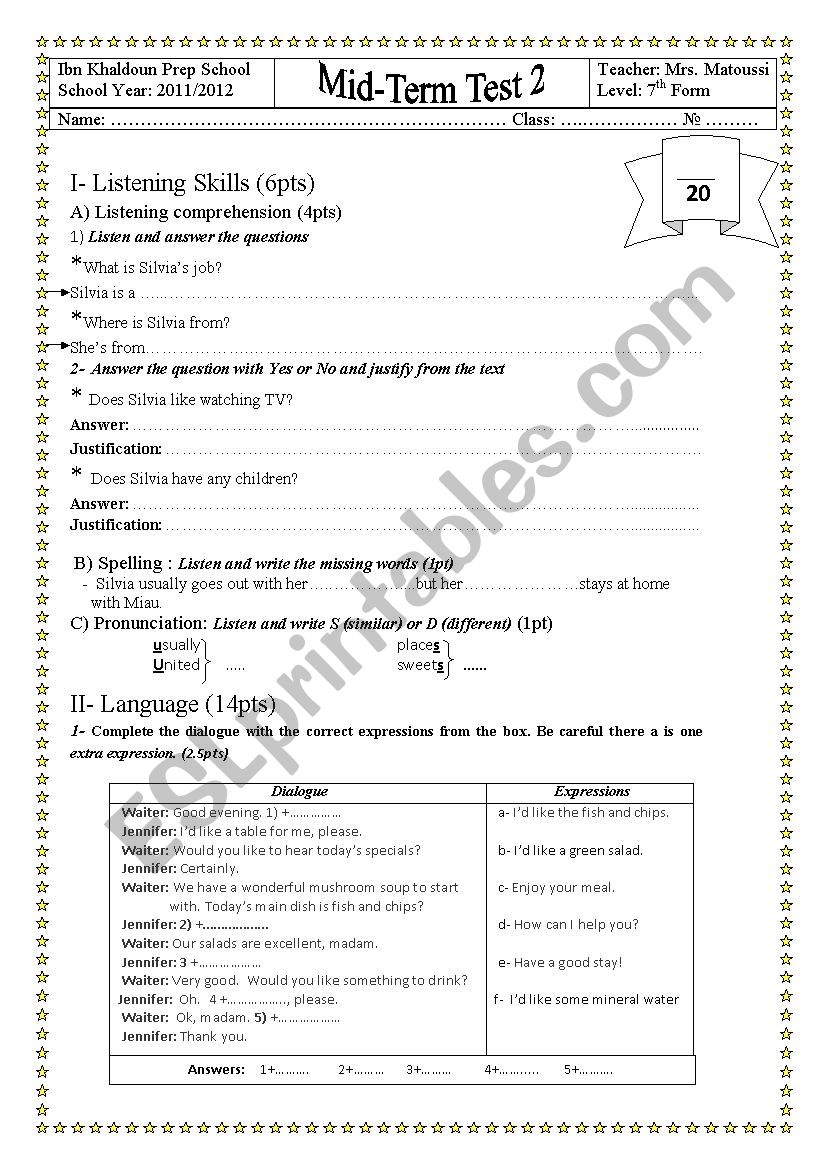 MID-TERM TEST 2 7TH FORM worksheet