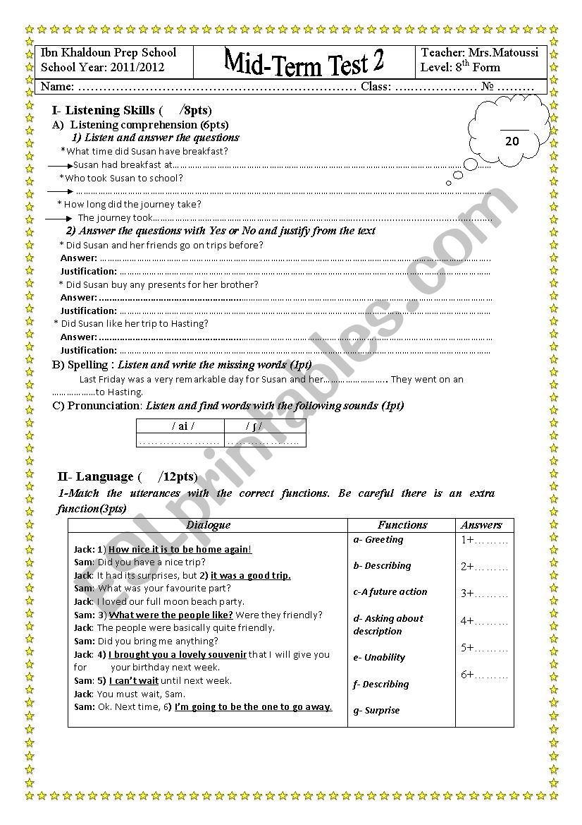 MID TERM TEST 2 8TH FORM worksheet