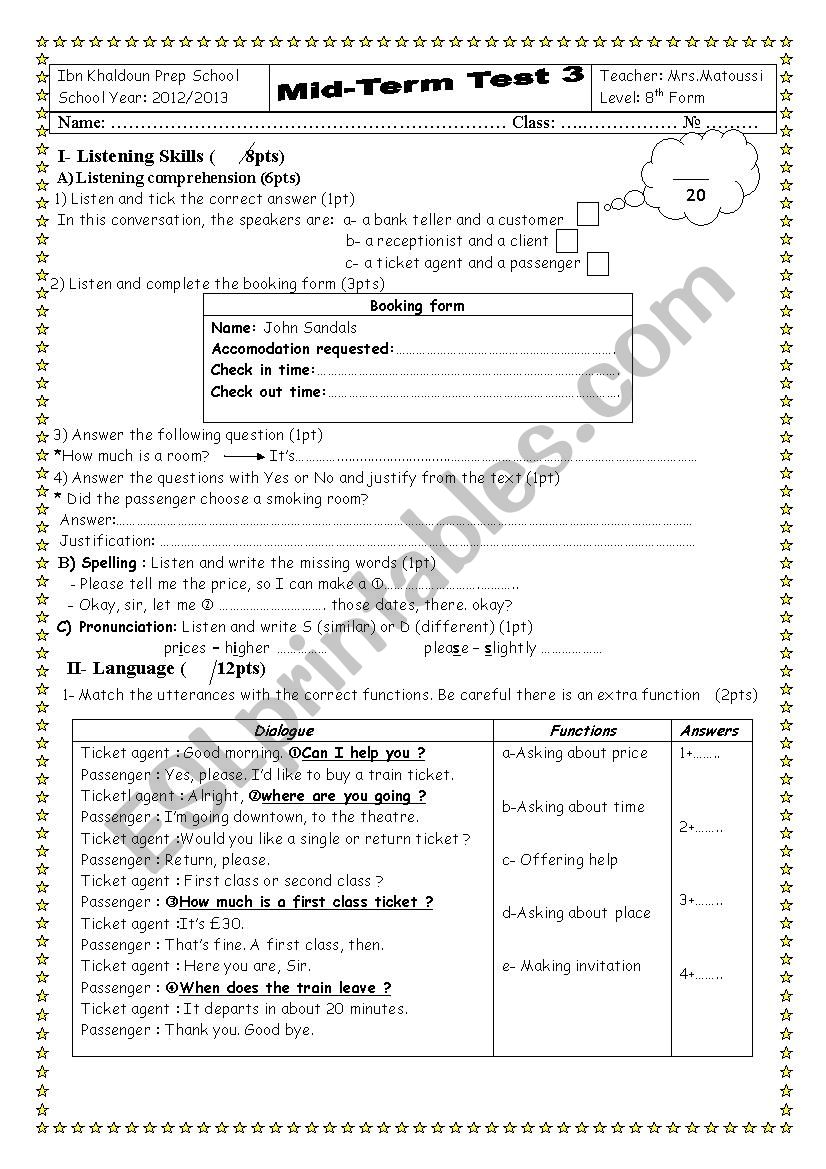 MID TERM TEST 3 8TH FORM worksheet