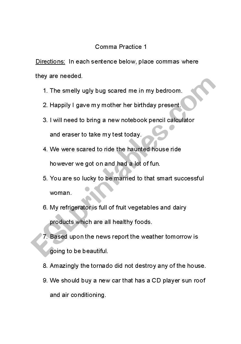 Comma Practice worksheet