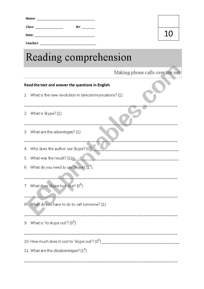 Reading comprehension - Skype worksheet