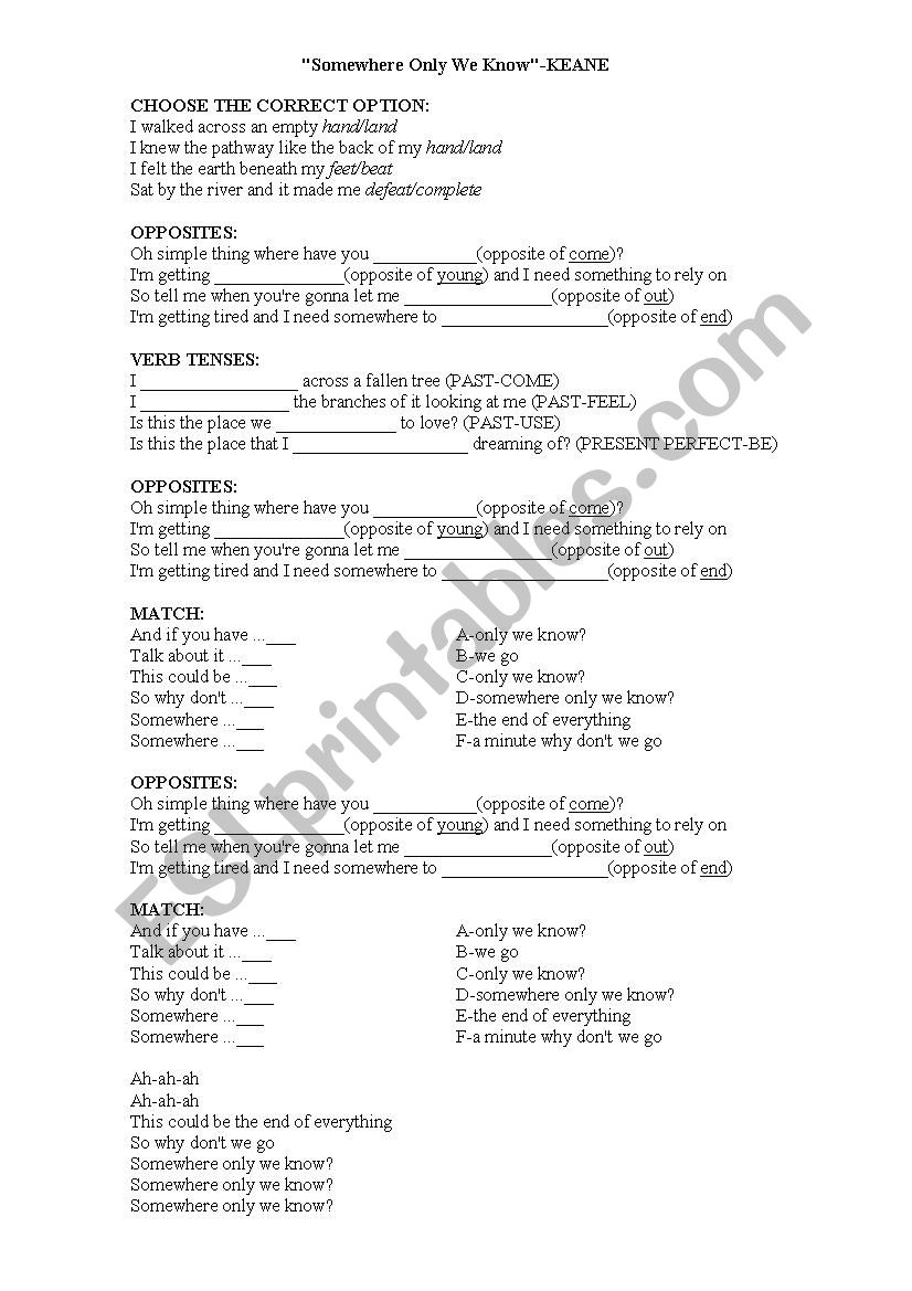 SOMEWHERE ONLY WE KNOW worksheet