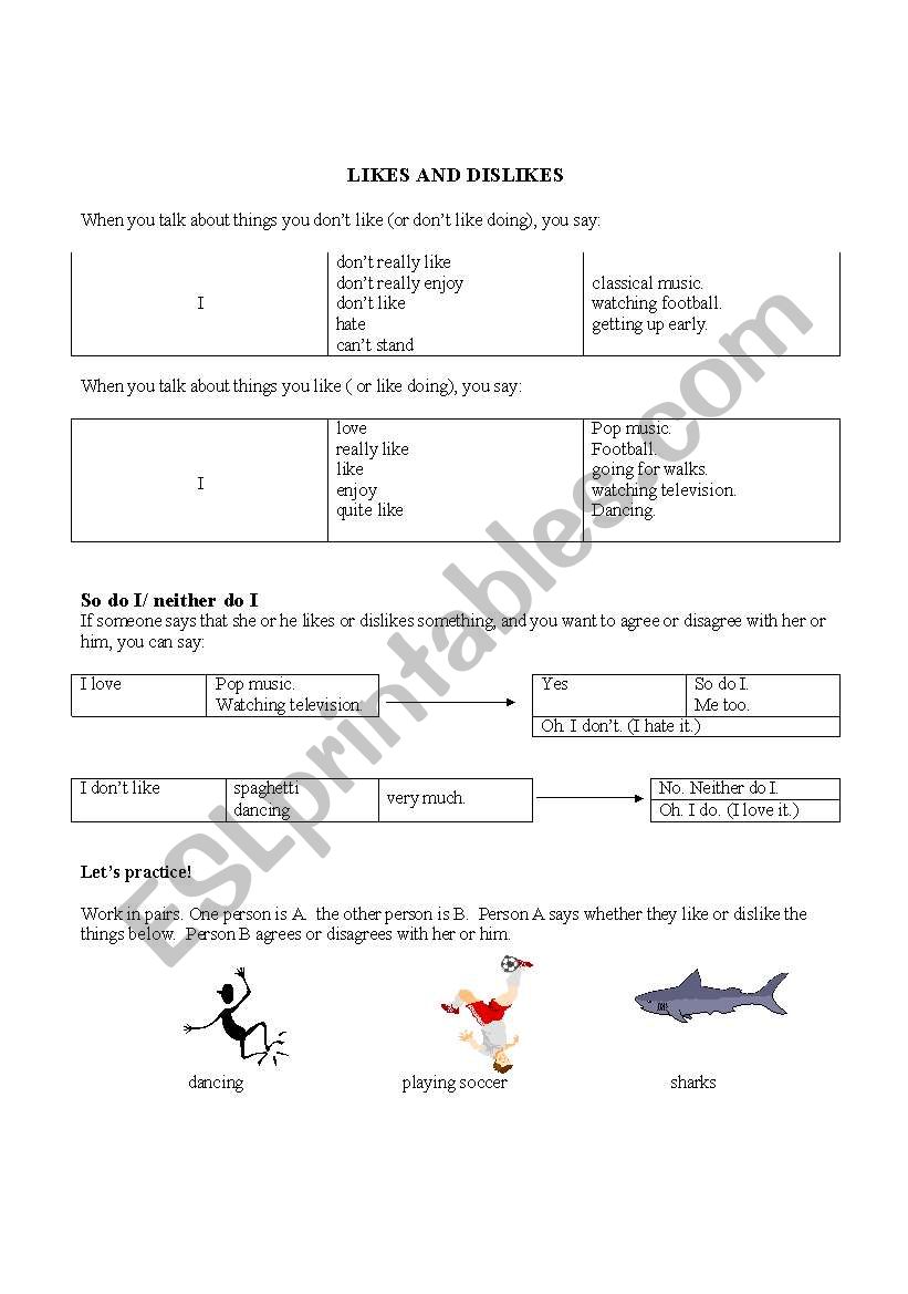 Likes and Dislikes worksheet