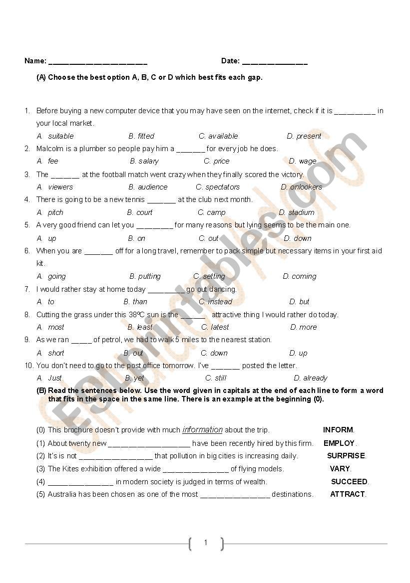 intermediate test worksheet