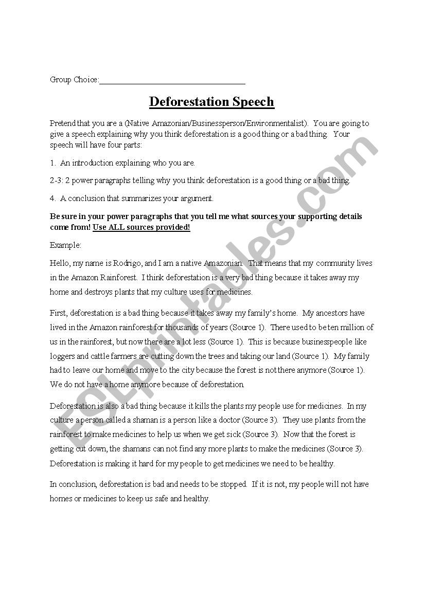 deforestation speech worksheet