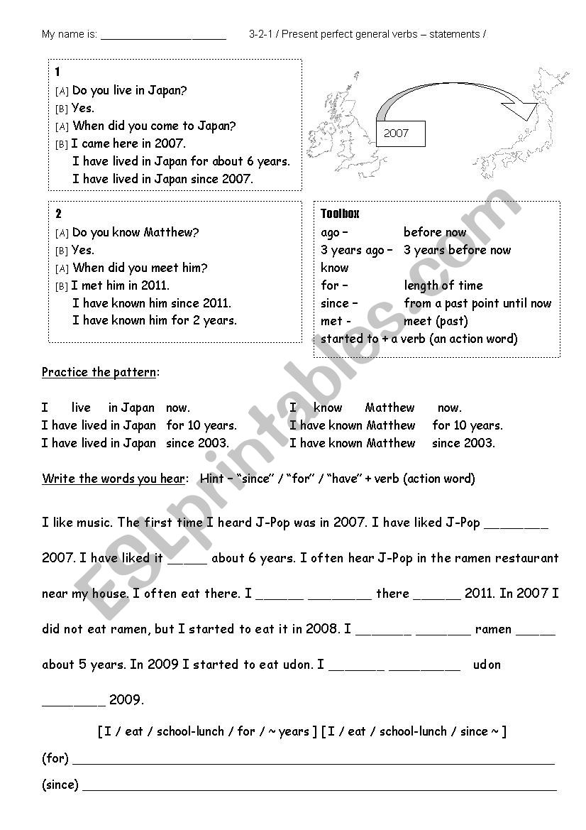 I have lived in Japan for 6 years - present perfect intro and practice game