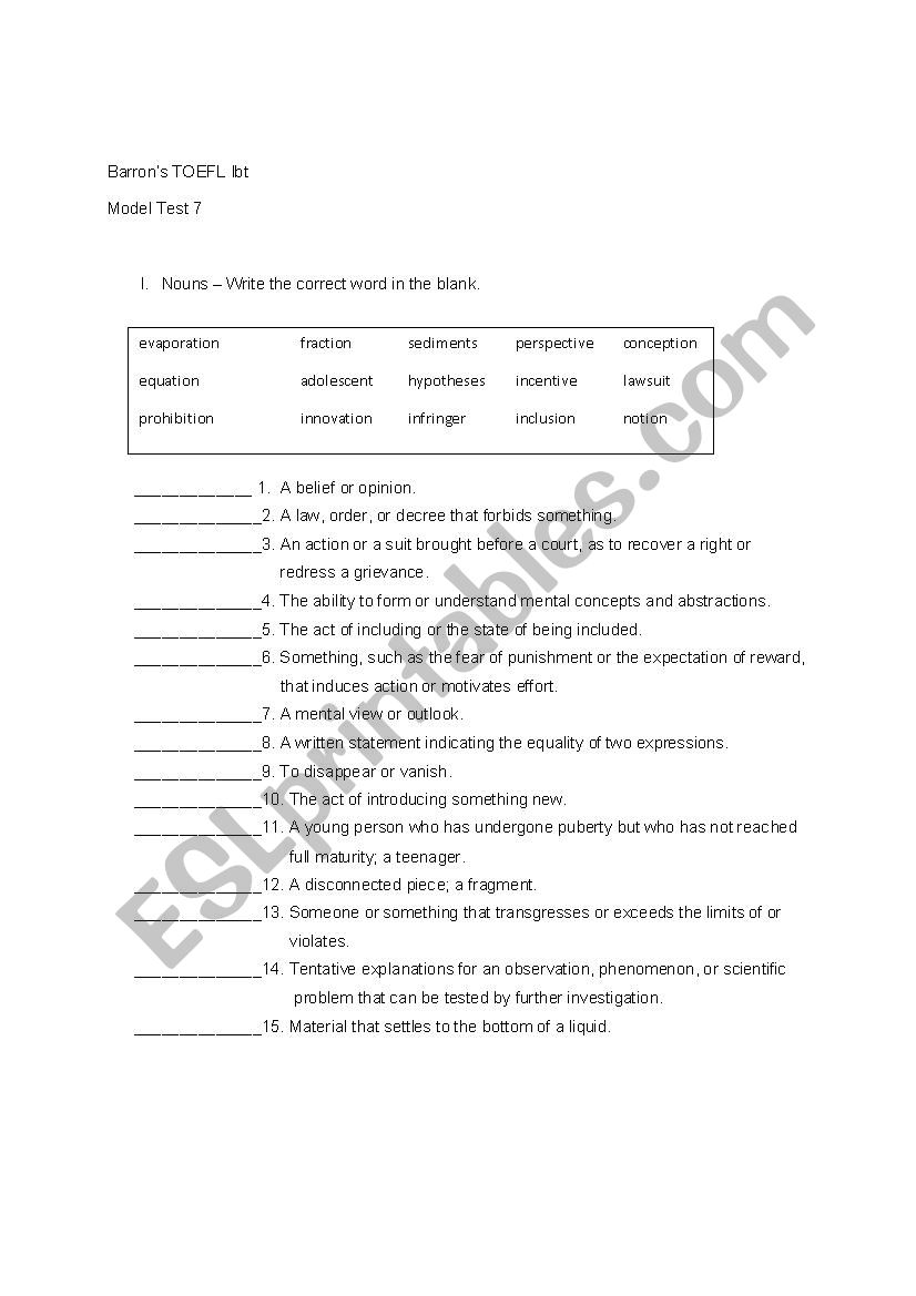 BARRONÂ´S TOEFL Reading Vocabulary Model Test 7