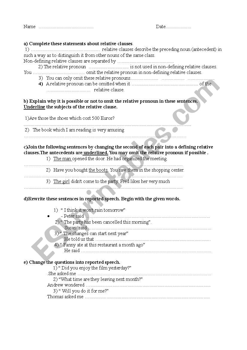 1er bachiller exam worksheet