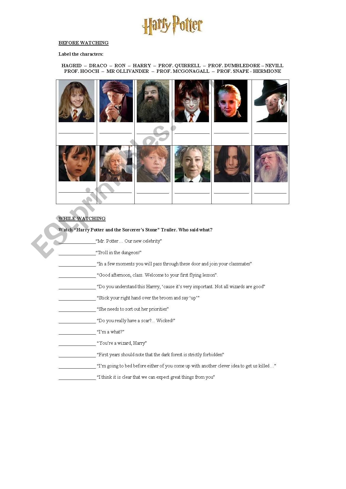 Harry Potter video session worksheet