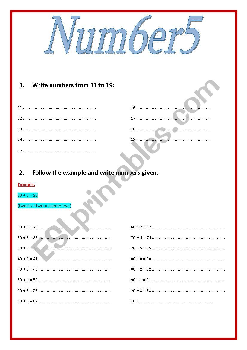 Numbers 11 - 100 worksheet