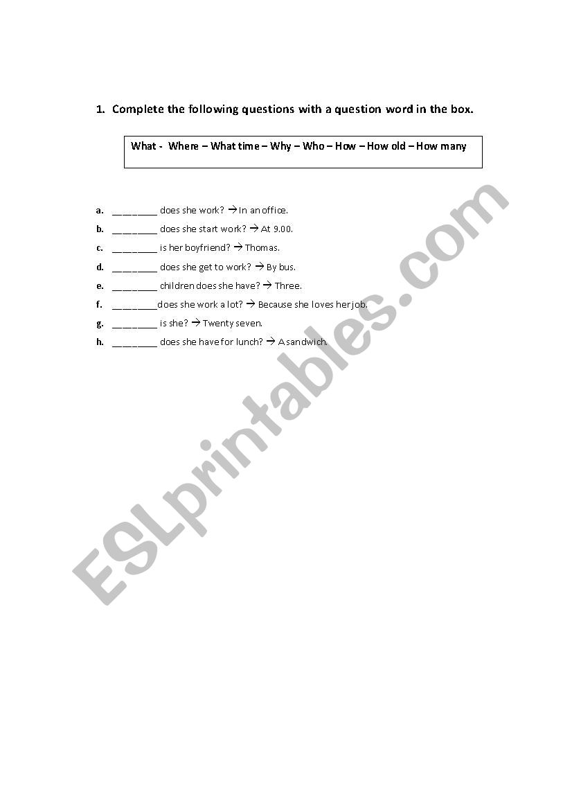 Wh/Hw Words worksheet