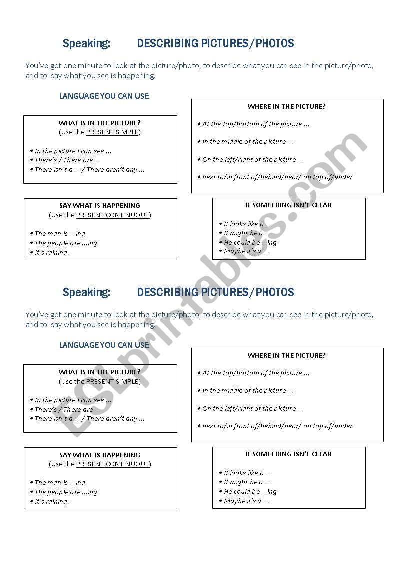 SPEAKING TIPS FOR DESCRIBING A PHOTO/PICTURE