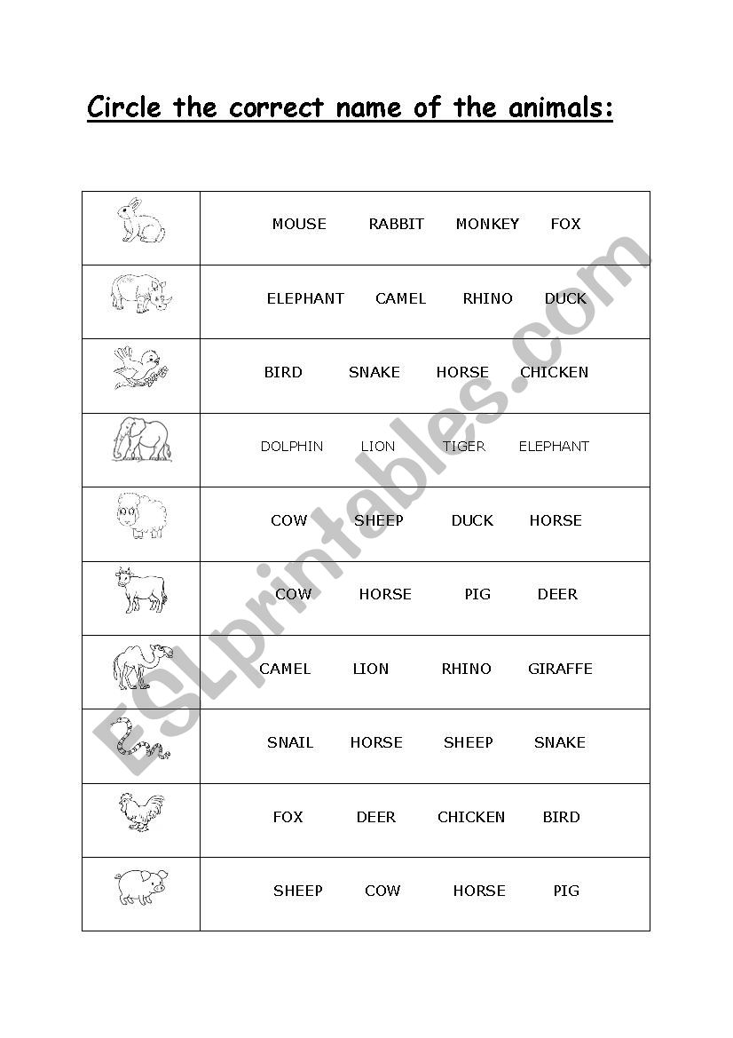 Choose the correct name of animals Choose the correct name of animals