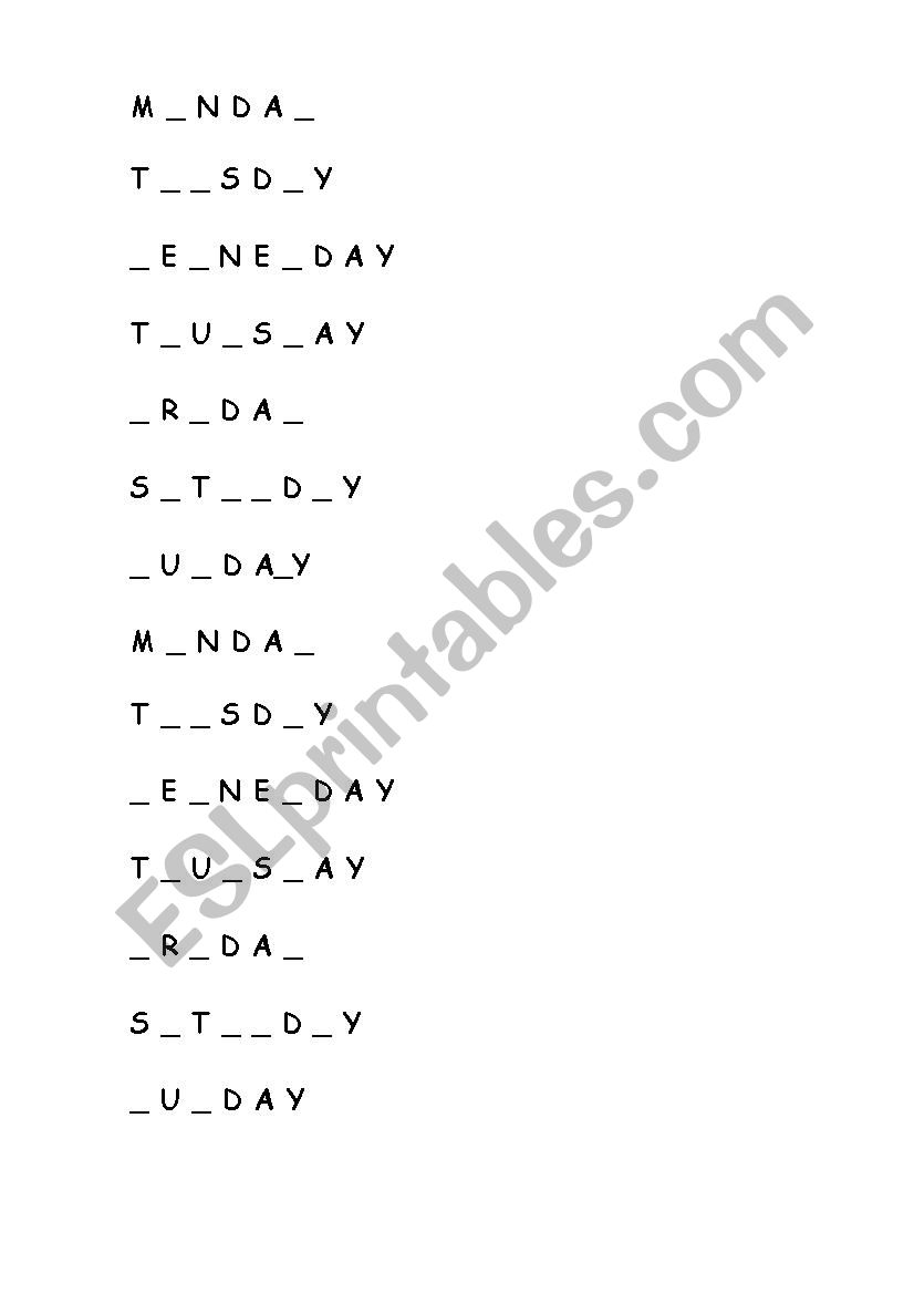 Days of the week test worksheet