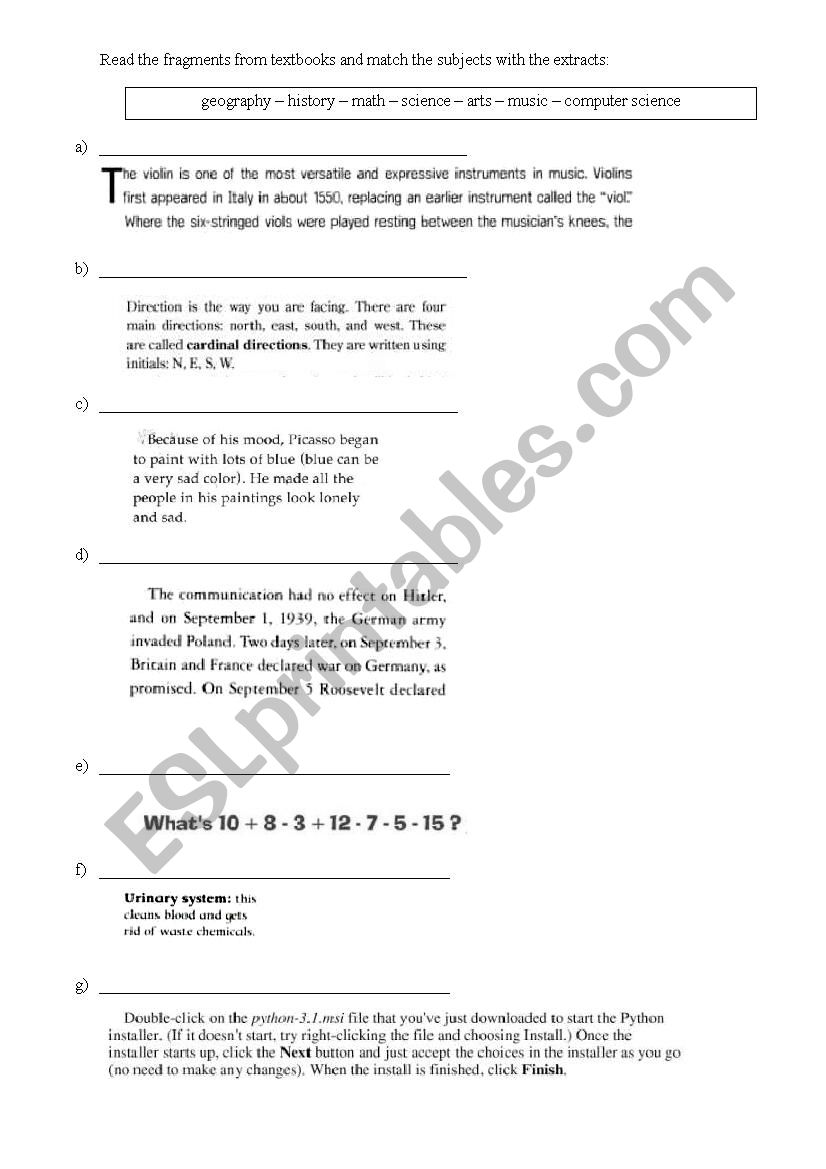 School Subjects worksheet