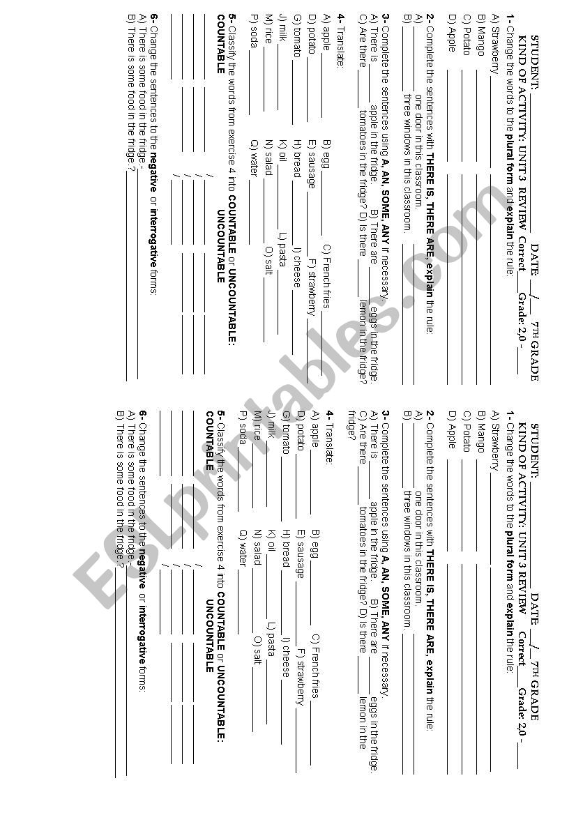 ENGAGE BOOK 1 UNIT 3 REVIEW  SINGULAR PLURAL, THERE TO BE, AN, A, SOME, ANY, COUNTABLE AND UNCOUNTABLE NOUNS SOME ANY, 