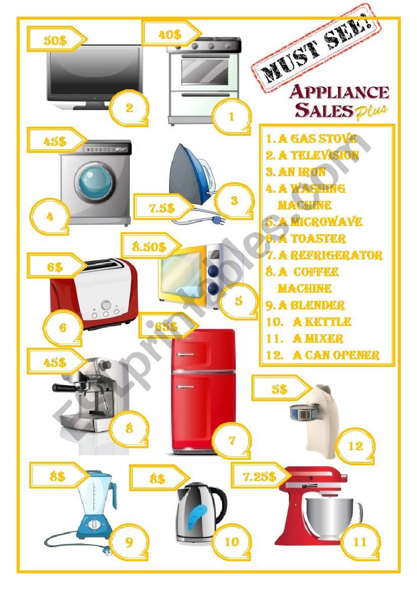 Electric appliances worksheet