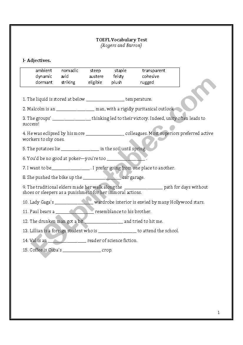 TOEFL Vocabulary Test (Random Words from Rogers and Barrons)