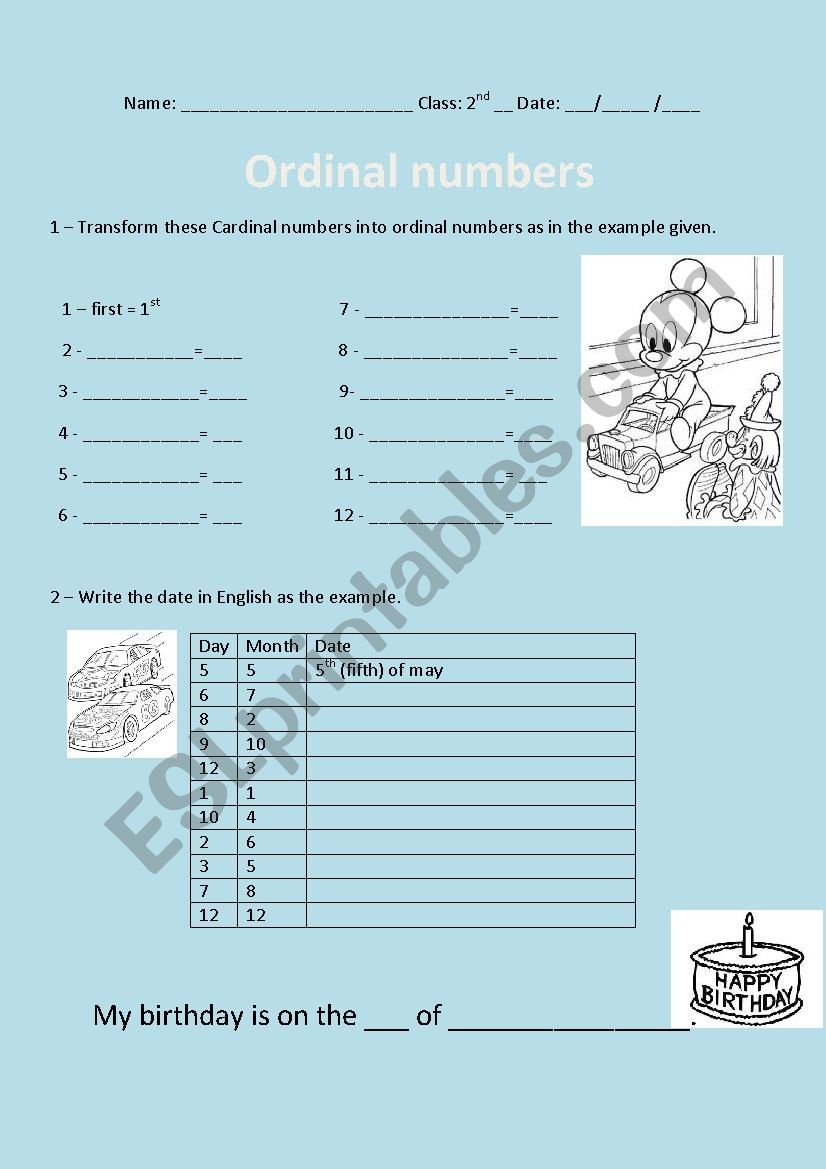 ordinal numbers worksheet