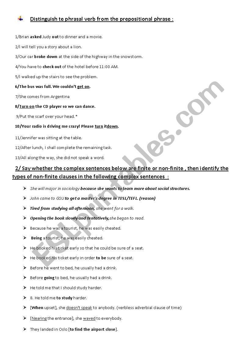 Syntax Exercises:  phrasal verbs vs prepositional verbs  adjunct disjunct and conjunct 