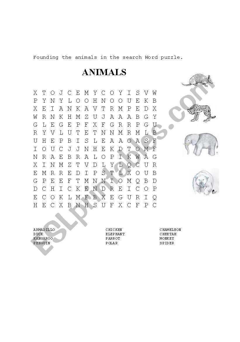 search word puzzle-animals worksheet