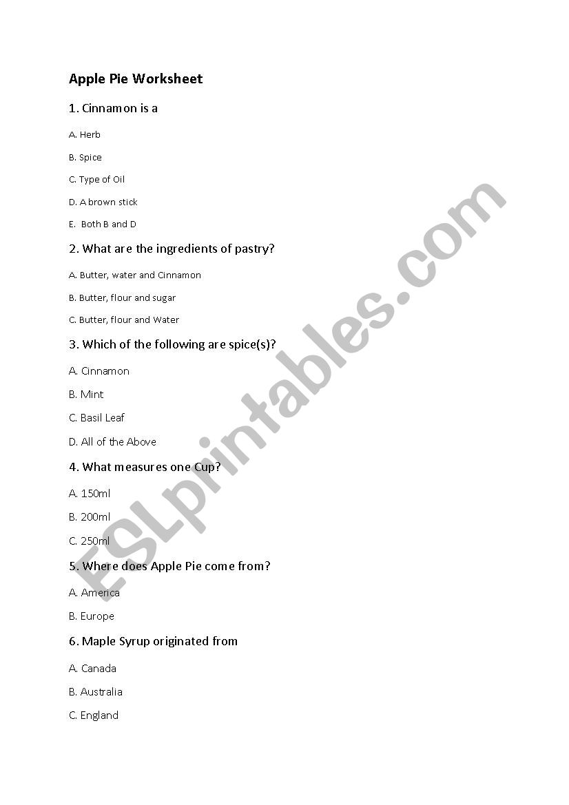 Apple Pie Trivia worksheet