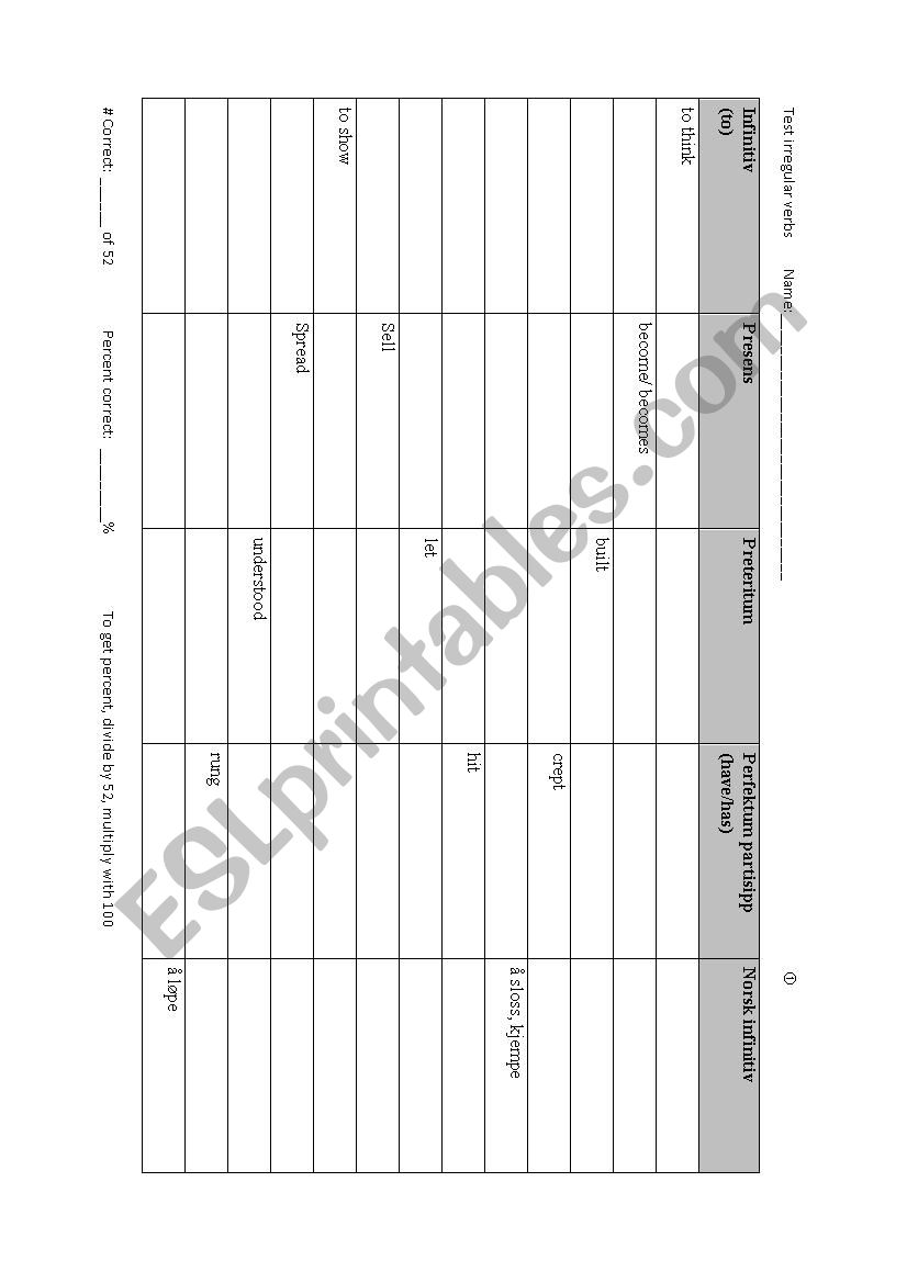 Three irregular verbs test worksheet