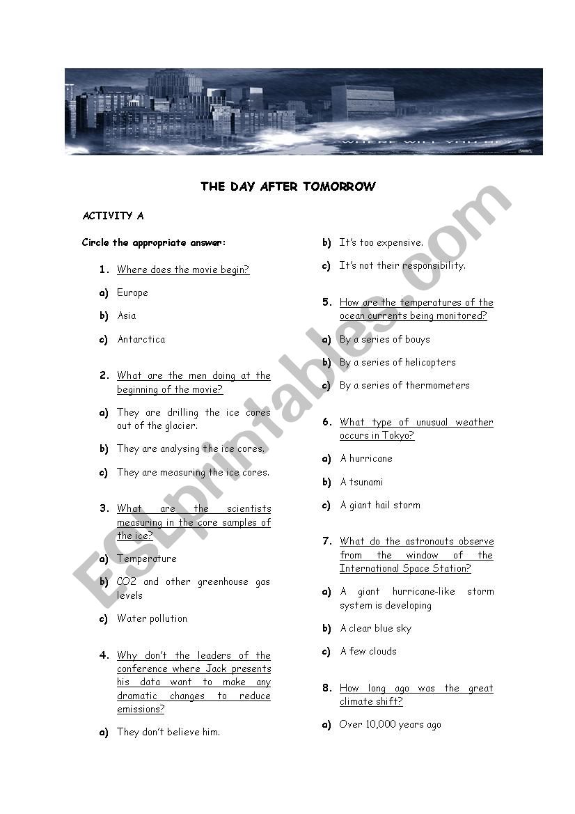 THE DAY AFTER TOMORROW worksheet